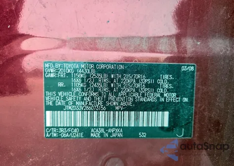 2008 Toyota Rav4 z USA, uszkodzony, nr VIN JTMZD33V286073156